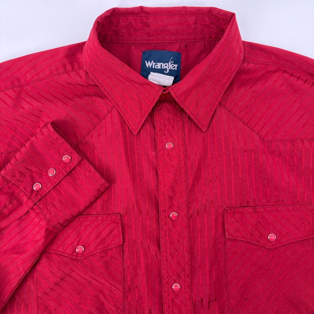 Wrangler Shirt Pearl Snap Mens L Denim Red Striped Cowboy Westren Vintage